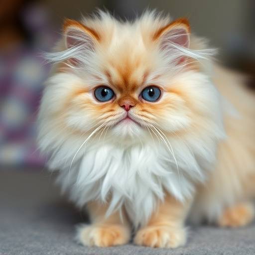 A fluffy Persian cat freshly groomed, posing for a photo.