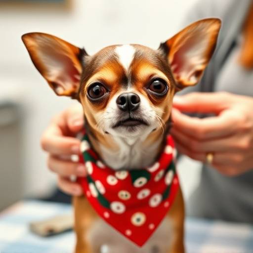 A small Chihuahua wearing a festive bandana after a grooming session.