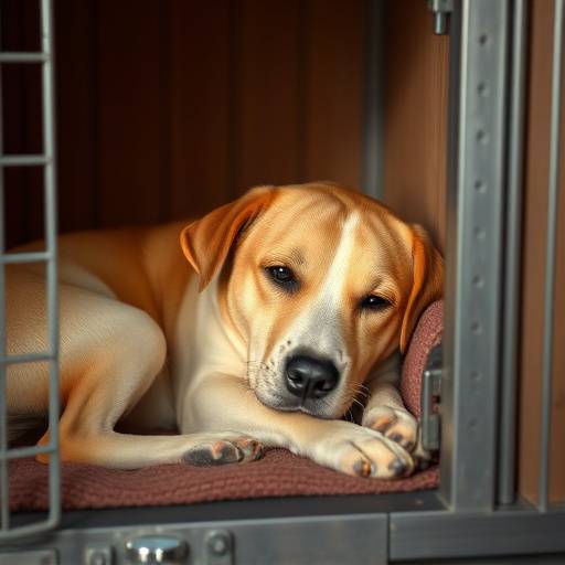 Dog relaxing in a comfortable kennel at PetCareCentral's boarding facility.